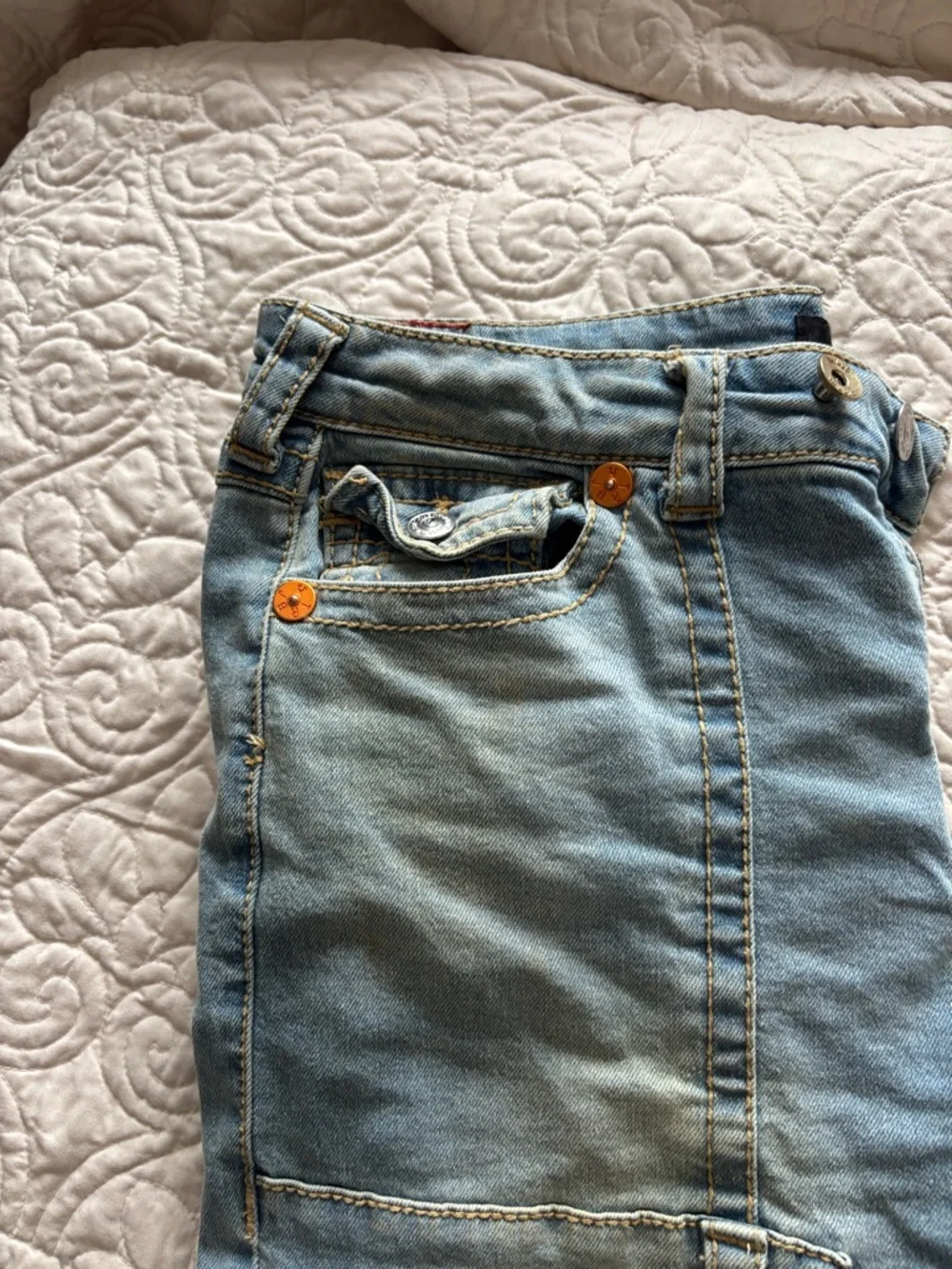 True Religion Light Blue Denim Jeans with Orange Button Accents - Picture 2 of 6